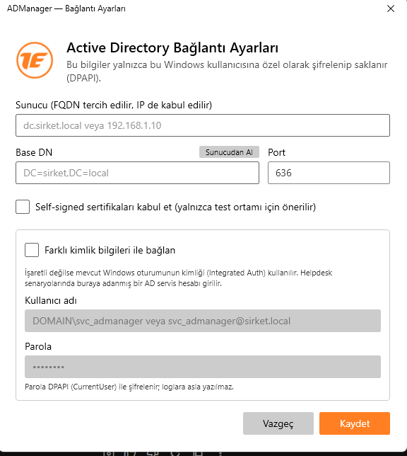 ADManager Bağlantı Ayarları Ekran Görüntüsü