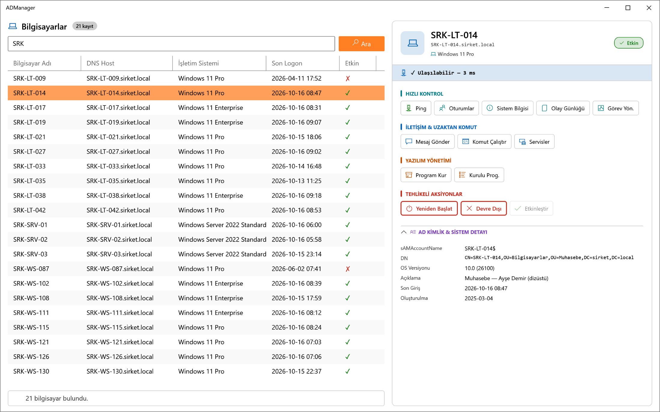 ADManager Bilgisayarlar ekranı: bilgisayar listesi