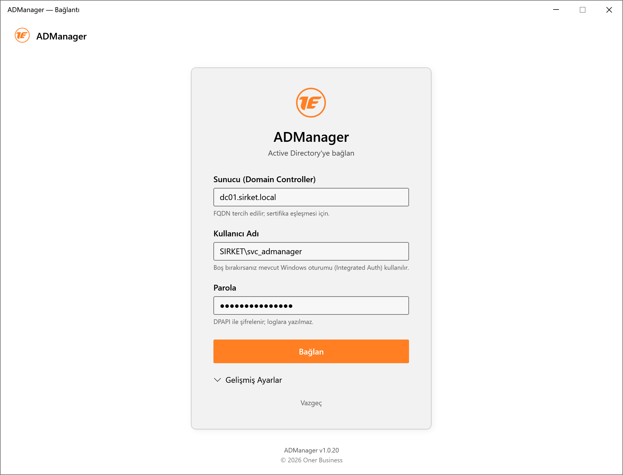 ADManager Bağlantı Ayarları penceresi: DC adresi ve LDAPS