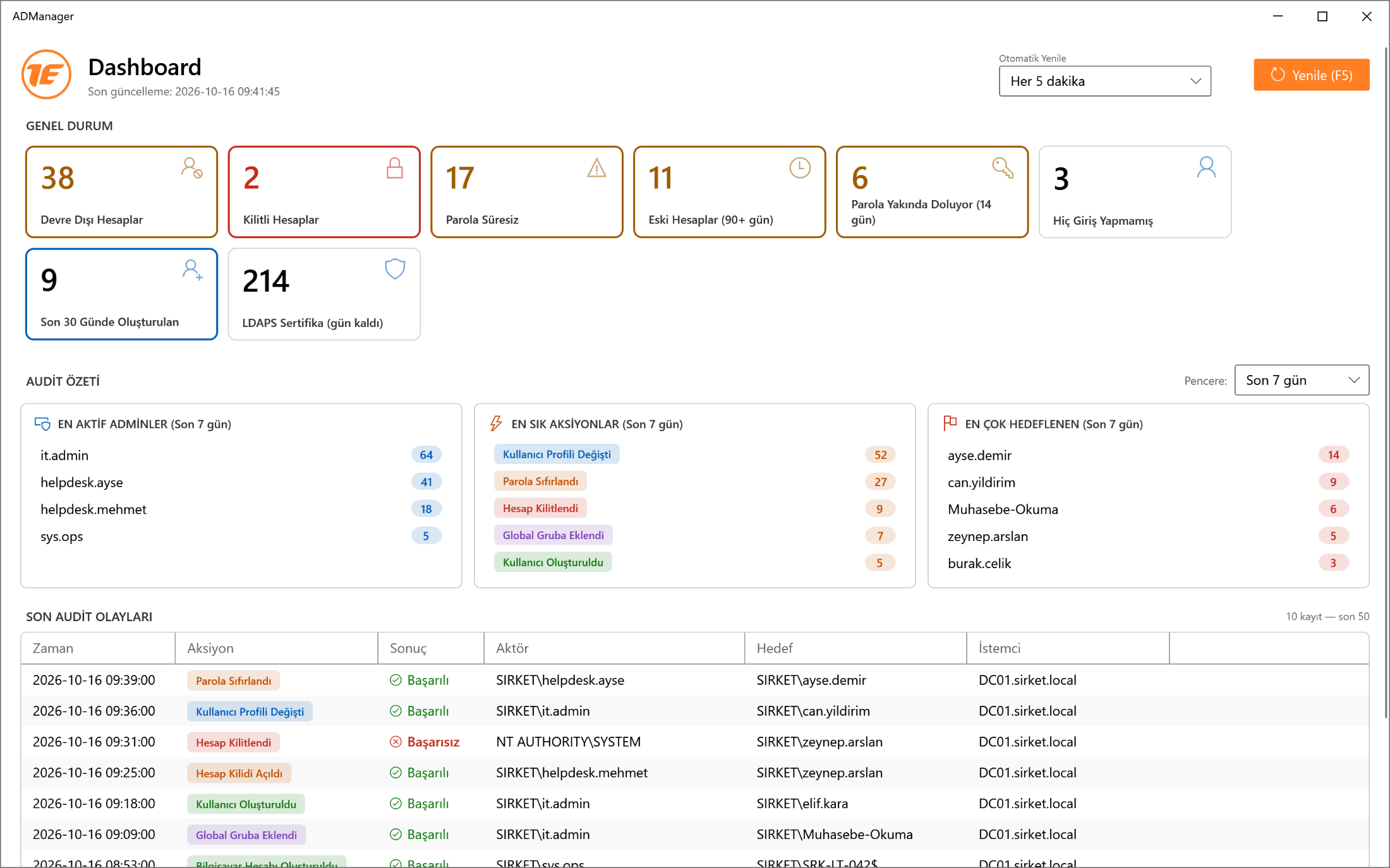 ADManager Dashboard ekranı: KPI kartları ve son olaylar
