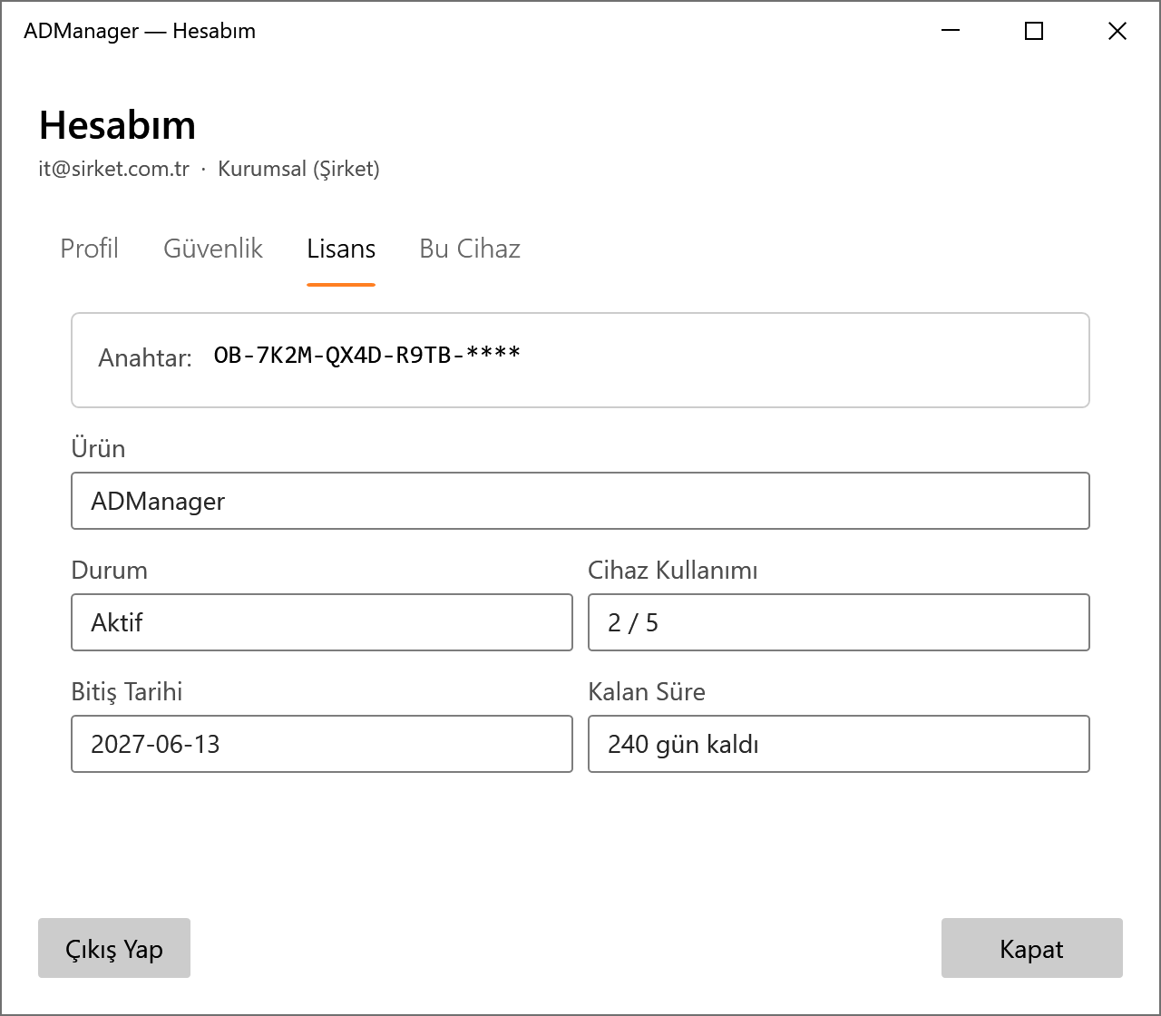 ADManager lisans ekranı: Oner Business hesabı ile lisans