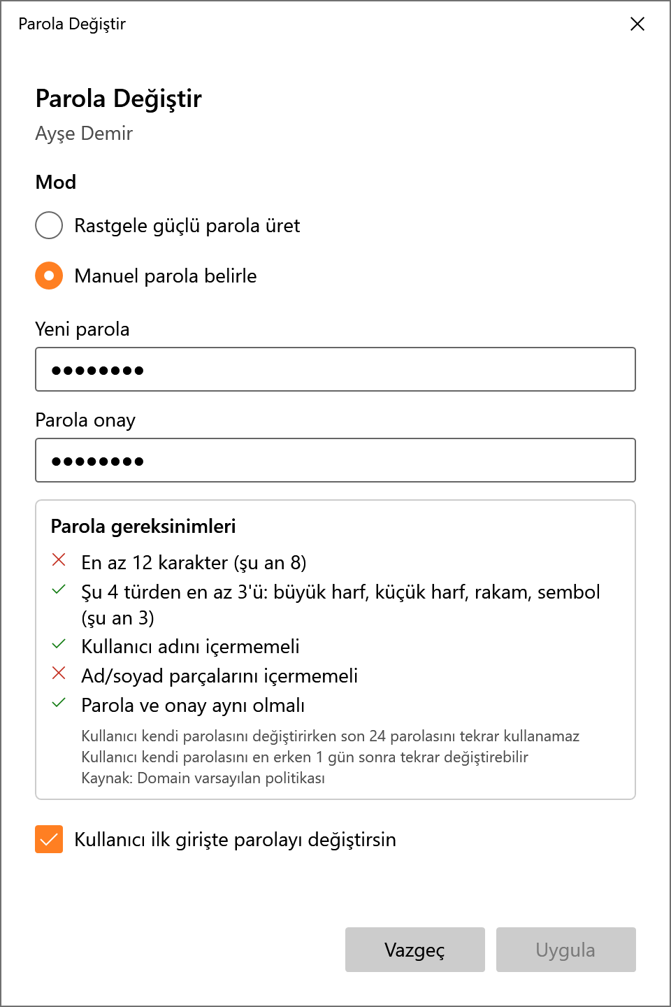 ADManager parola sıfırlama penceresi: domain parola politikası ✓/✗ kontrolü