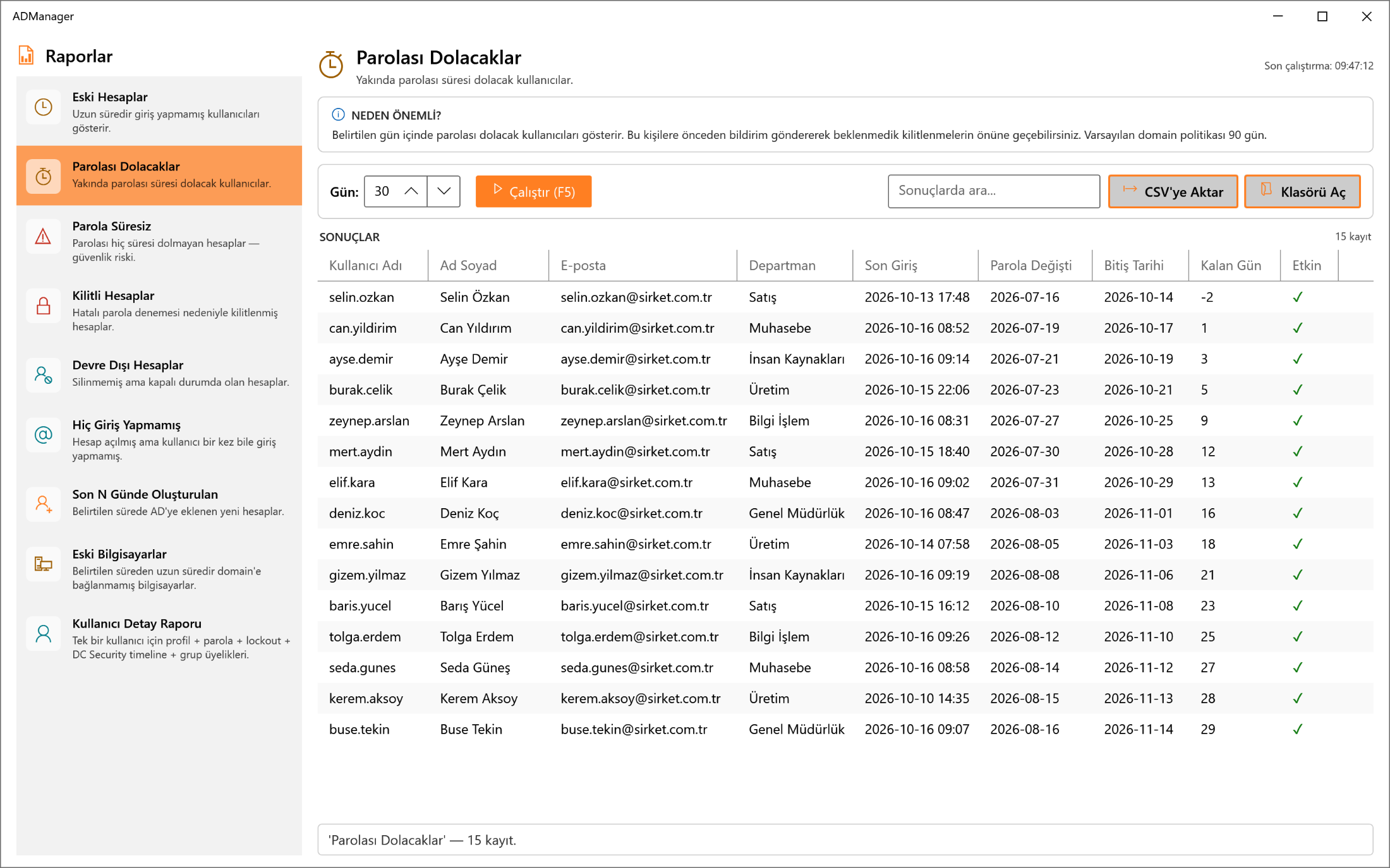 ADManager Raporlar ekranı: hazır Active Directory raporları ve sonuçlar