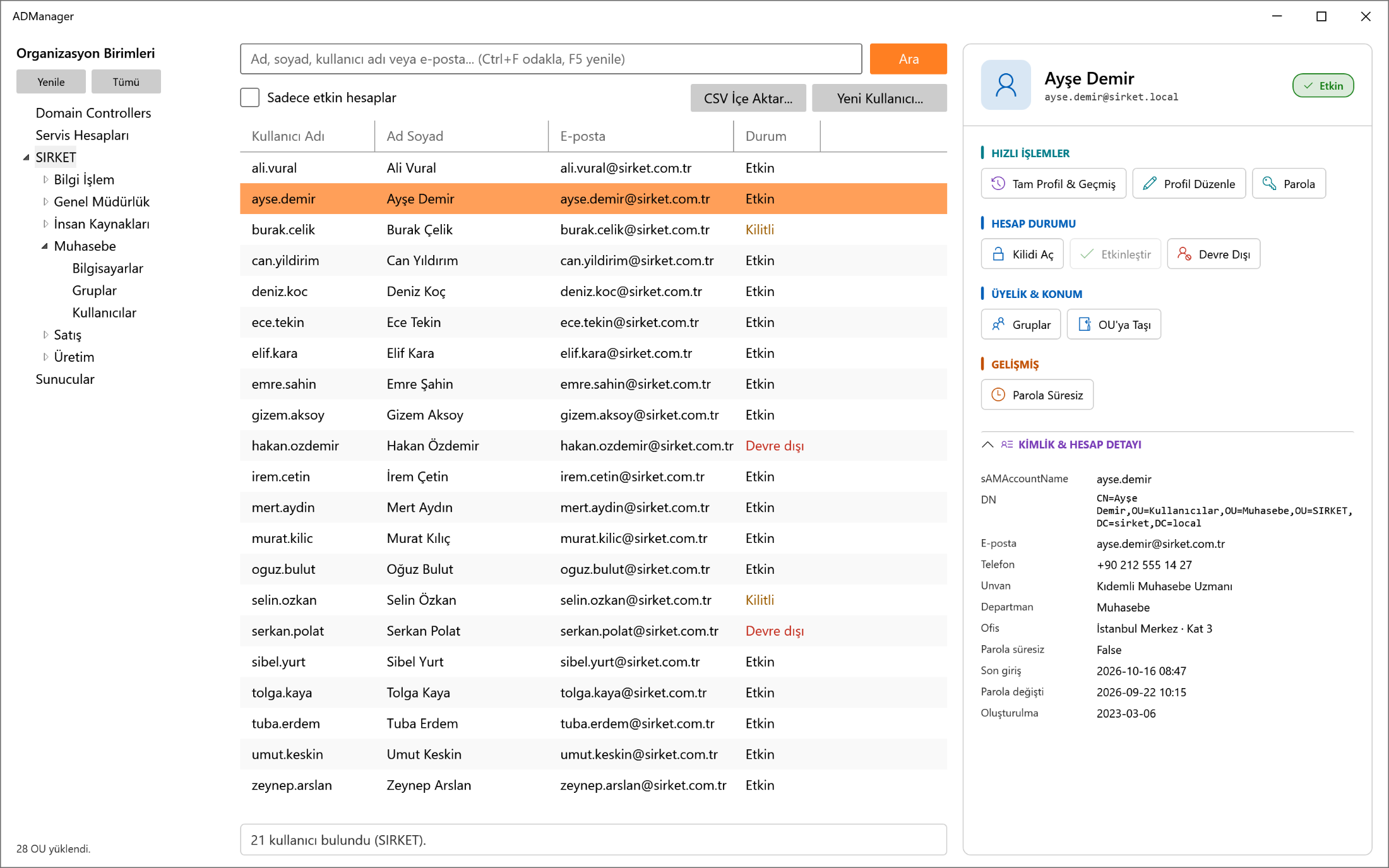 ADManager Kullanıcılar ekranı: Active Directory OU ağacı ve kullanıcı listesi